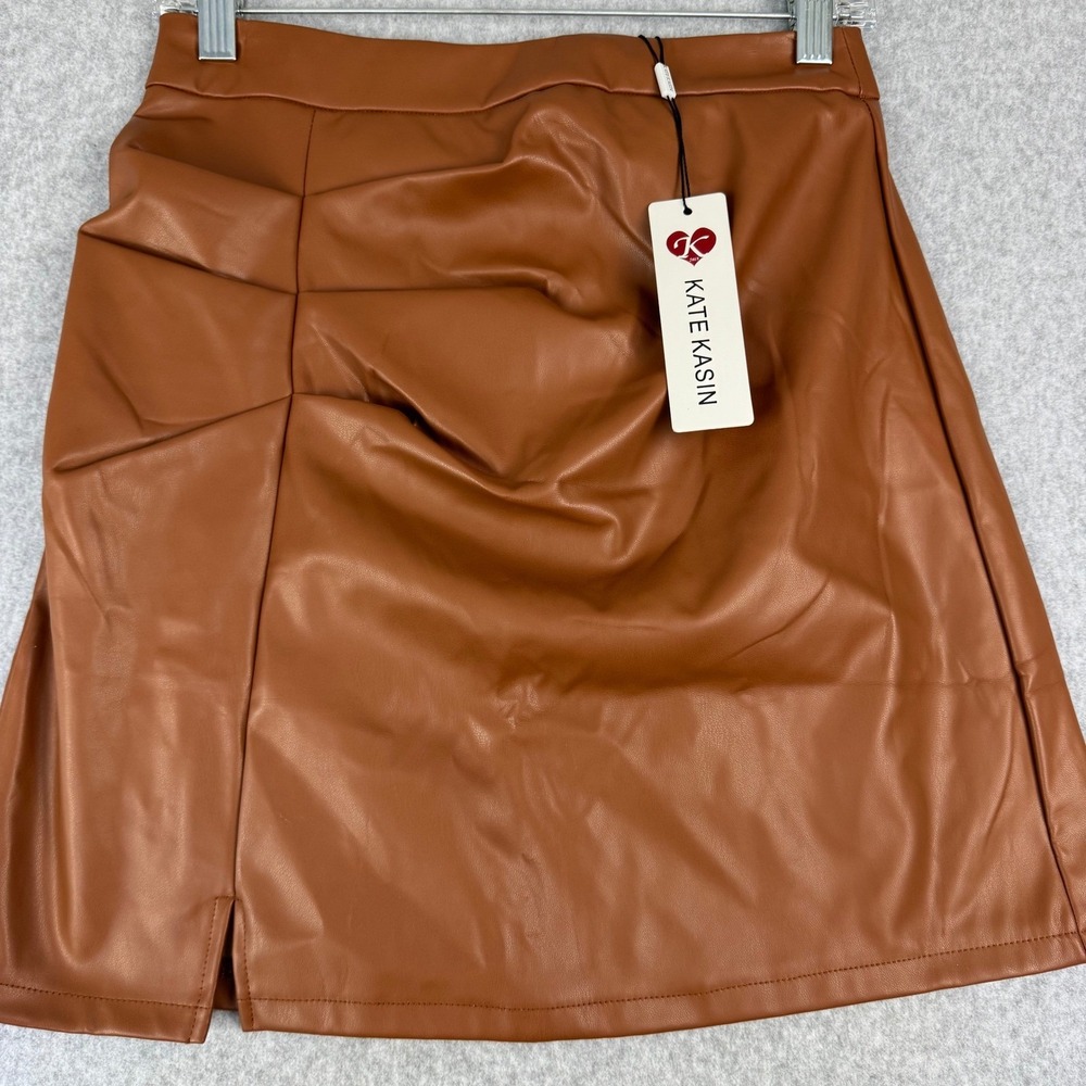Kate Kasin Faux Leather Mini Skirt Womens S Cognac NWT Ruched Lined Side Slit